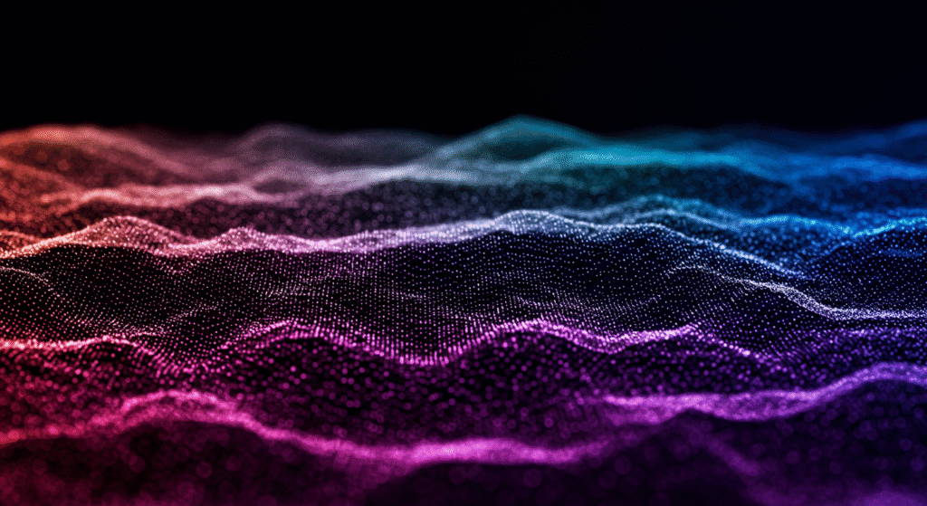 High detail abstract digital landscape made of flowing pixels and luminous waves Variation 01