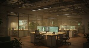 A cinematic open plan tech office bathed in warm ambient lighting Variation 01