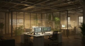 A cinematic open plan tech office bathed in warm ambient lighting Variation 02