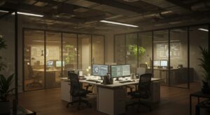 A cinematic open plan tech office bathed in warm ambient lighting Variation 04