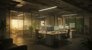 A cinematic open plan tech office bathed in warm ambient lighting Variation 05