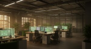 A cinematic open plan tech office bathed in warm ambient lighting Variation 06