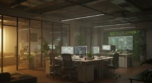 A cinematic open plan tech office bathed in warm ambient lighting Variation 07