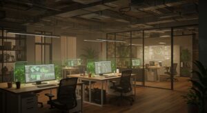 A cinematic open plan tech office bathed in warm ambient lighting Variation 08