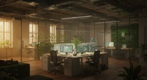 A cinematic open plan tech office bathed in warm ambient lighting Variation 09
