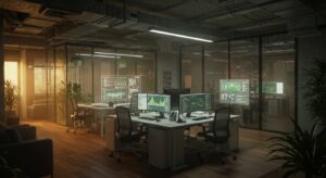 A cinematic open plan tech office bathed in warm ambient lighting Variation 10