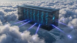 A sleek glass walled data center floating above the clouds, with glowing AI powered servers and digital beams connecting to Earth below by pixlelo.com Variation 01