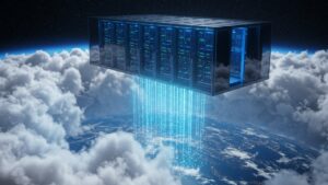 A sleek glass walled data center floating above the clouds, with glowing AI powered servers and digital beams connecting to Earth below by pixlelo.com Variation 02