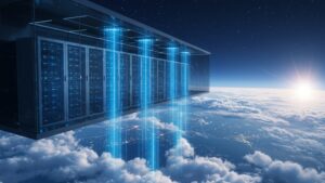 A sleek glass walled data center floating above the clouds, with glowing AI powered servers and digital beams connecting to Earth below by pixlelo.com Variation 04
