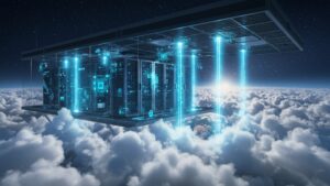 A sleek glass walled data center floating above the clouds, with glowing AI powered servers and digital beams connecting to Earth below by pixlelo.com Variation 10