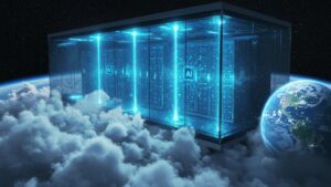 A sleek glass walled data center floating above the clouds, with glowing AI powered servers and digital beams connecting to Earth below by pixlelo.com Variation 17