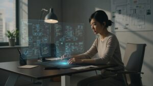 A woman coder working with AR holograms showing serverless architecture on a smart desk in a sleek office by pixlelo.com Variation 06