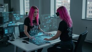 A woman coder working with AR holograms showing serverless architecture on a smart desk in a sleek office by pixlelo.com Variation 14