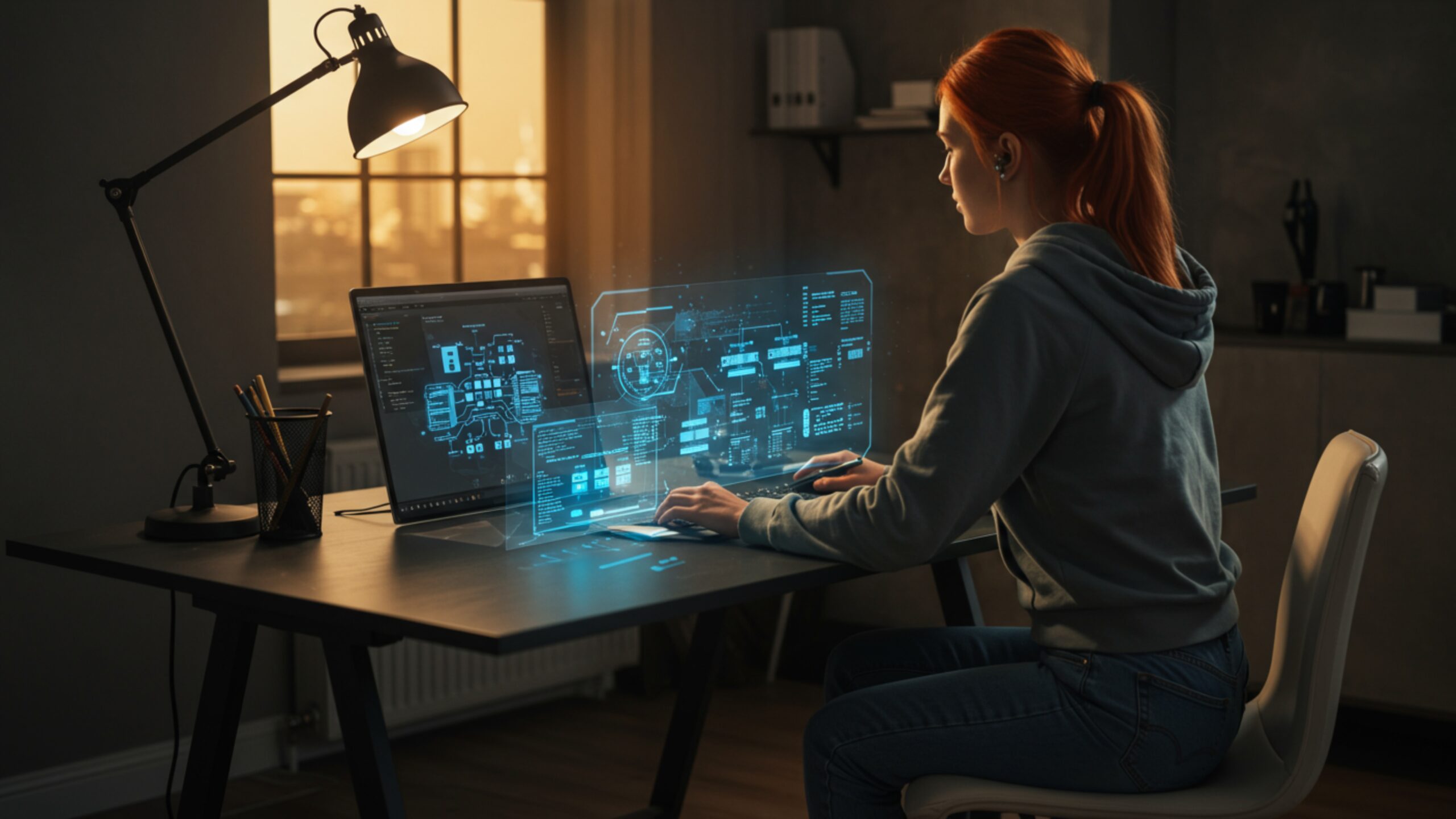 Download Woman Coder Using AR to Visualize Serverless Architecture – 100 AI-Generated 4K JPGs (Royalty-Free)