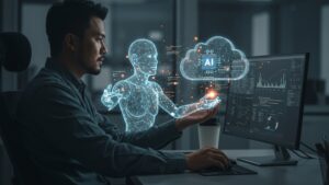 AI assistant helping an engineer optimize cloud workloads, with neural overlays and floating code snippets in 3D space by pixlelo.com Variation 01