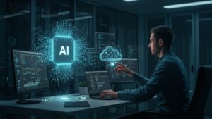 AI assistant helping an engineer optimize cloud workloads, with neural overlays and floating code snippets in 3D space by pixlelo.com Variation 02