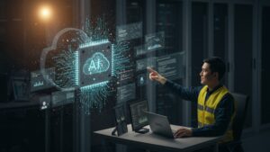 AI assistant helping an engineer optimize cloud workloads, with neural overlays and floating code snippets in 3D space by pixlelo.com Variation 04