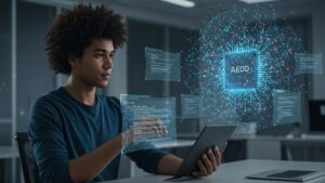 AI assistant helping an engineer optimize cloud workloads, with neural overlays and floating code snippets in 3D space by pixlelo.com Variation 07