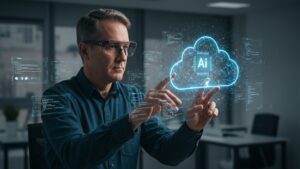 AI assistant helping an engineer optimize cloud workloads, with neural overlays and floating code snippets in 3D space by pixlelo.com Variation 12