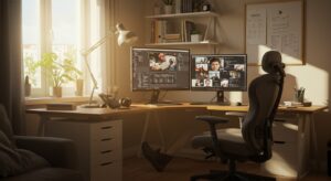 “Comfortable home office with ergonomic chair, dual monitors, bright window light pixlelo.com Variation 36
