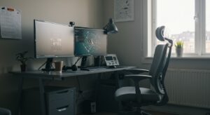 “Comfortable home office with ergonomic chair, dual monitors, bright window light pixlelo.com Variation 44