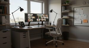 “Comfortable home office with ergonomic chair, dual monitors, bright window light pixlelo.com Variation 49