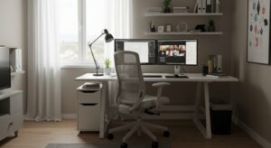 “Comfortable home office with ergonomic chair, dual monitors, bright window light pixlelo.com Variation 57