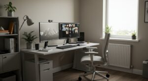 “Comfortable home office with ergonomic chair, dual monitors, bright window light pixlelo.com Variation 84