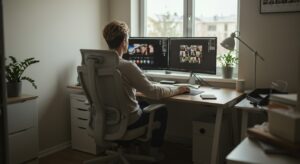 “Comfortable home office with ergonomic chair, dual monitors, bright window light pixlelo.com Variation 92