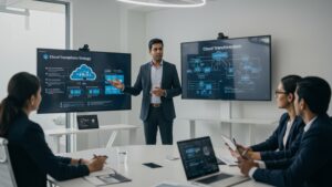 Corporate executive presenting cloud transformation strategy with digital slides and cloud roadmap — clean office setting, formal attire by pixlelo.com Variation 100