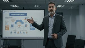 Corporate executive presenting cloud transformation strategy with digital slides and cloud roadmap — clean office setting, formal attire by pixlelo.com Variation 75
