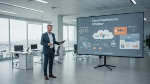 Corporate executive presenting cloud transformation strategy with digital slides and cloud roadmap — clean office setting, formal attire by pixlelo.com Variation 84