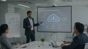 Corporate executive presenting cloud transformation strategy with digital slides and cloud roadmap — clean office setting, formal attire by pixlelo.com Variation 85