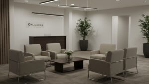 Corporate style reception or waiting area with chairs, coffee table, and soft. pixlelo.com Variation 90