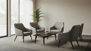 Corporate style reception or waiting area with chairs, coffee table, and soft. pixlelo.com Variation 91
