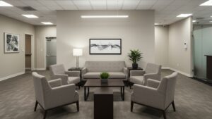 Corporate style reception or waiting area with chairs, coffee table, and soft. pixlelo.com Variation 96