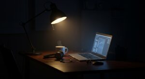 Dark themed night office with glowing laptop, ambient desk lamp, headphones, Pixlelo.com Variation 100