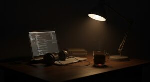 Dark themed night office with glowing laptop, ambient desk lamp, headphones, Pixlelo.com Variation 90