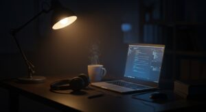Dark themed night office with glowing laptop, ambient desk lamp, headphones, Pixlelo.com Variation 95