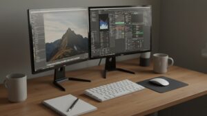 Desk setup with dual monitors, keyboard, mouse, and notepad — organized work station by pixlelo.com Variation 100
