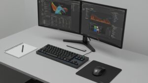 Desk setup with dual monitors, keyboard, mouse, and notepad — organized work station by pixlelo.com Variation 94