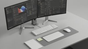 Desk setup with dual monitors, keyboard, mouse, and notepad — organized work station by pixlelo.com Variation 96