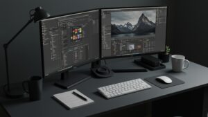 Desk setup with dual monitors, keyboard, mouse, and notepad — organized work station by pixlelo.com Variation 97