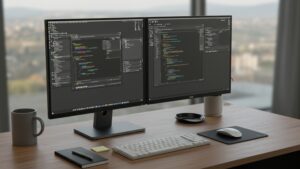 Desk setup with dual monitors, keyboard, mouse, and notepad — organized work station by pixlelo.com Variation 98
