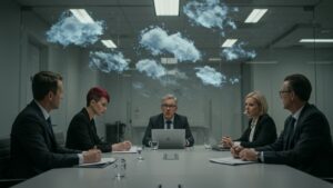 Diverse business team in glass conference room with glowing cloud visuals floating mid air above table — modern interior, no written words or diagrams by pixlelo.com Variation 01