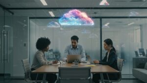 Diverse business team in glass conference room with glowing cloud visuals floating mid air above table — modern interior, no written words or diagrams by pixlelo.com Variation 02