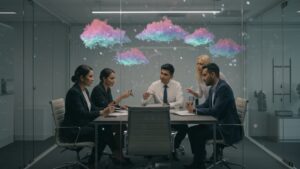 Diverse business team in glass conference room with glowing cloud visuals floating mid air above table — modern interior, no written words or diagrams by pixlelo.com Variation 04