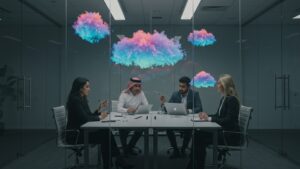 Diverse business team in glass conference room with glowing cloud visuals floating mid air above table — modern interior, no written words or diagrams by pixlelo.com Variation 05