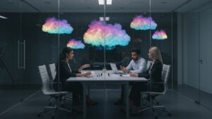 Diverse business team in glass conference room with glowing cloud visuals floating mid air above table — modern interior, no written words or diagrams by pixlelo.com Variation 06