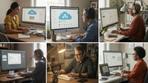 Diverse remote workers in different home office setups collaborating on shared cloud documents — modern interfaces visible on screens by pixlelo.com Variation 94